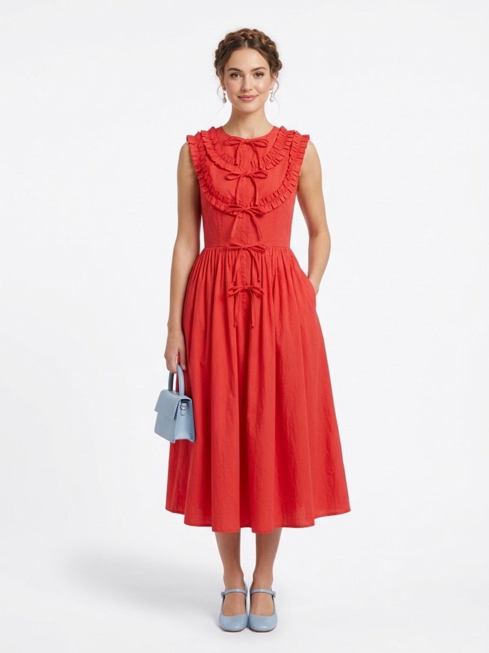 Naya Rea Amber Bow Red Ruffle Cotton Midi Dress US 6 Free People
